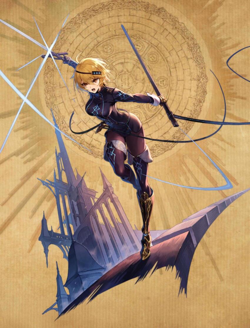 1girl, absurdres, black_boots, blonde_hair, boots, brown_eyes, drawing_sword, fighting_stance