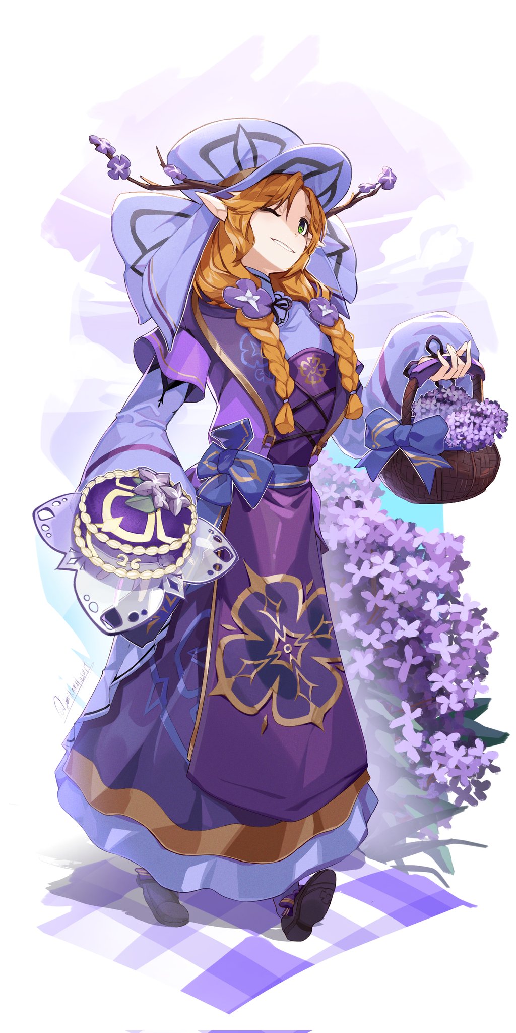 1girl, alternate_costume, animification, antlers, basket, braid, cake, commentary