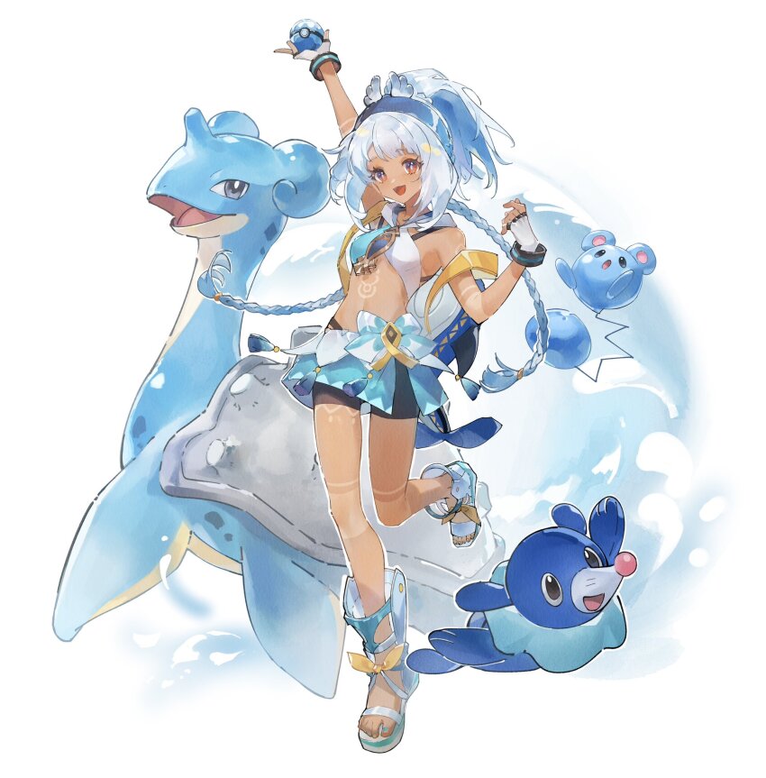 1girl, a_ji, arm_up, azurill, black_shorts, blue_hair, blue_hairband, blue_nails