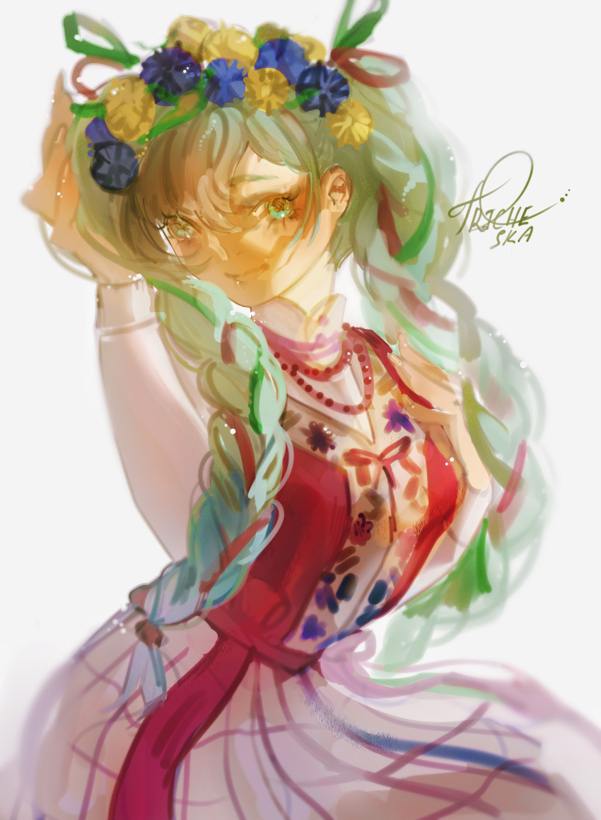 absurdres, alternate_costume, alternate_hairstyle, belarus, belarusian_clothes, braid, flower_wreath, hair_ornament