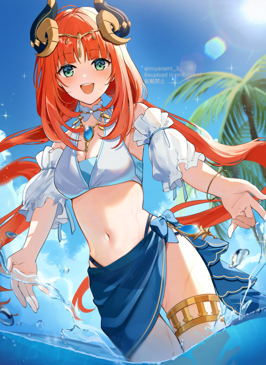 1girl, :d, alternate_costume, aqua_eyes, bare_shoulders, blue_gem, blue_panties, blue_skirt