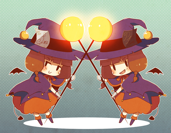 2girls, ashita_(sound_voltex), bemani, black_eyes, braid, brown_hair, capelet, cawol_(sound_voltex)