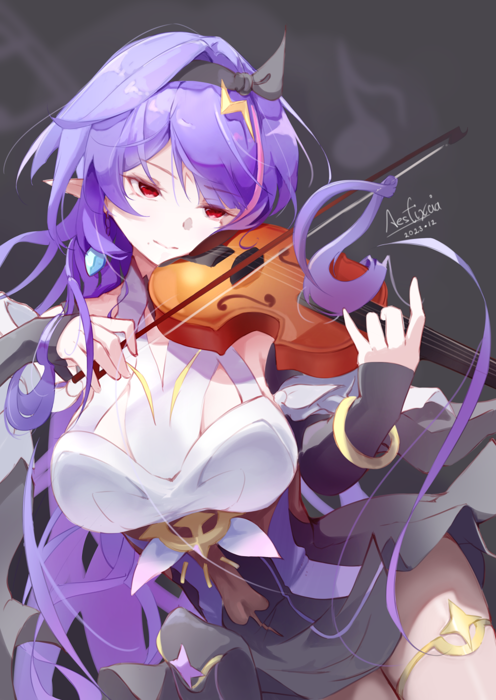 1girl, aesfixcia, artist_name, bare_shoulders, black_gloves, black_hairband, bow_(music), bracelet