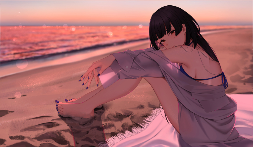 1girl, absurdres, bare_legs, barefoot, beach, bikini, black_hair, blue_bikini, blunt_bangs, blurry, blurry_background, bokeh, breasts, brown_eyes, check_commentary, commentary_request, depth_of_field, full_body, hair_down, highres, idolmaster, idolmaster_shiny_colors, kyamcya, lens_flare, heavy_lens_flare, long_hair, long_sleeves, looking_at_viewer, mayuzumi_fuyuko, medium_breasts, oversized_clothes, oversized_shirt, purple_nails, rug, sand, see-through_silhouette, shirt, shore, sideboob, sitting, smile, swimsuit, swimsuit_under_clothes, toes