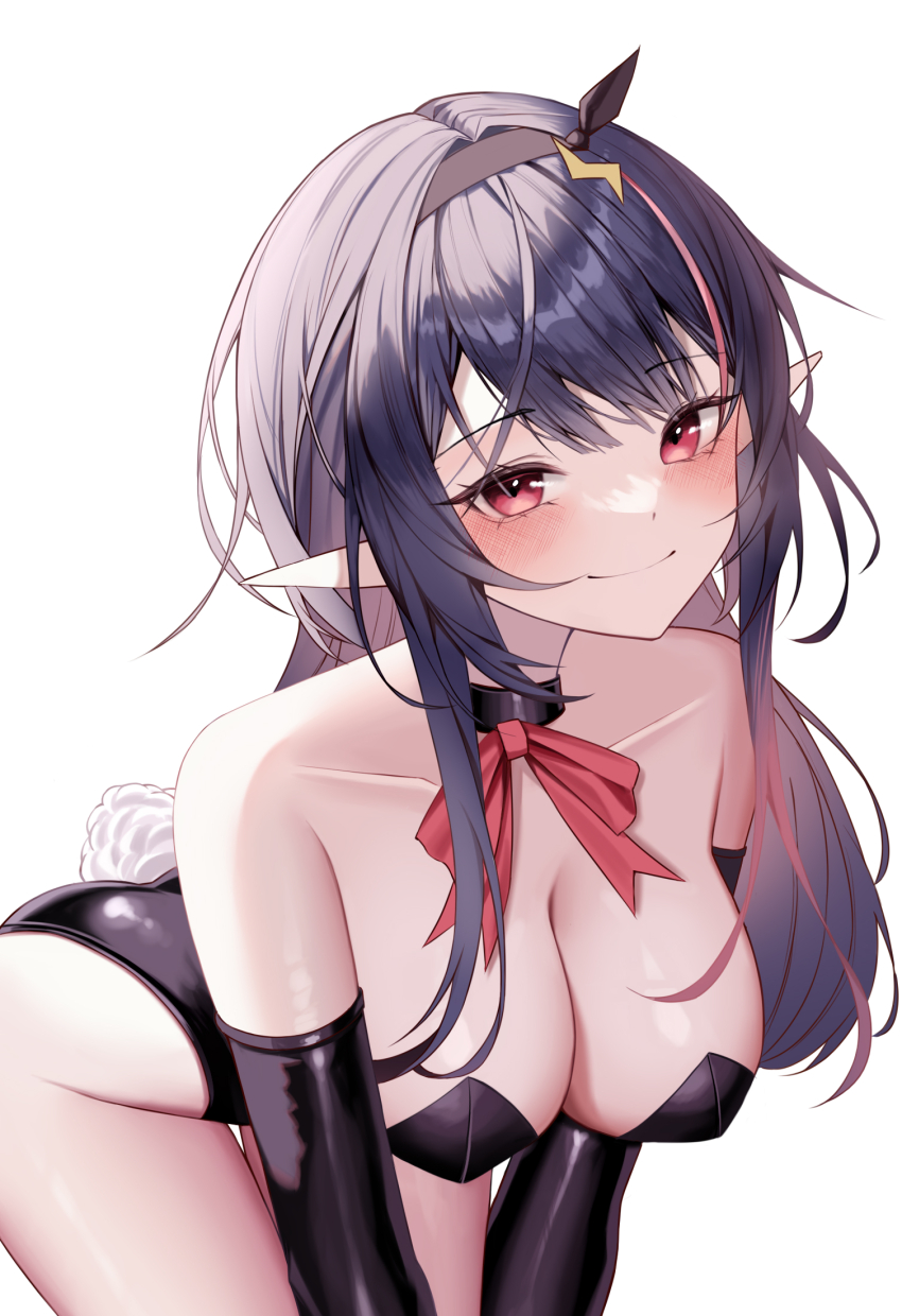 1girl, bent_over, black_leotard, blush, breasts, cleavage, closed_mouth, epic_seven