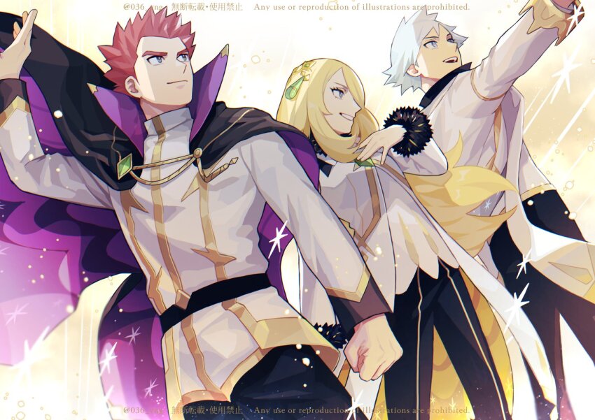 1girl, 2boys, :d, arm_up, belt, black_belt, black_cape, black_pants