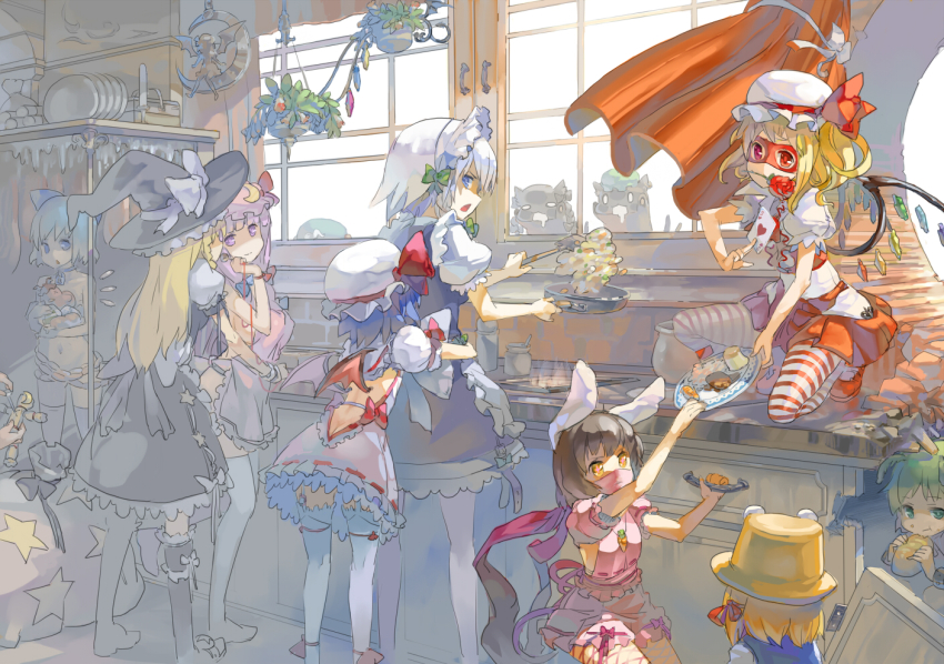 6+girls, 77gl, adapted_costume, alice_margatroid, animal_ears, apron, bat_wings, blonde_hair