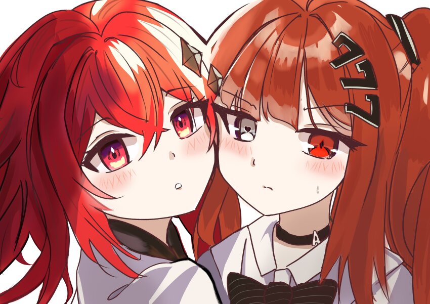 2girls, absurdres, black_ribbon, cheek-to-cheek, crossed_bangs, daiya_fortuna, diagonal_bangs, diamond-shaped_pupils, diamond_(shape), diamond_hair_ornament, hair_ornament, hair_over_one_eye, heads_together, heart, heart-shaped_pupils, heterochromia, high_ponytail, highres, looking_at_viewer, mismatched_pupils, multiple_girls, oh_nyoo, pixellink, ponytail, red_eyes, red_hair, ribbon, royal_flush, scarlett_flameheart, shirt, short_hair, symbol-shaped_pupils, virtual_youtuber, vreverie, white_background, white_shirt