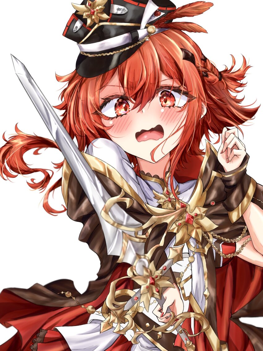 black_hat, blush, crossed_bangs, diamond_hair_ornament, feathers, hair_between_eyes, hair_ornament, hair_over_eyes, hat, heta2624, highres, holding, holding_sword, holding_weapon, military_hat, red_eyes, red_feathers, red_hair, red_nails, red_skirt, scarlett_flameheart, shirt, skirt, sword, virtual_youtuber, vreverie, weapon, white_shirt