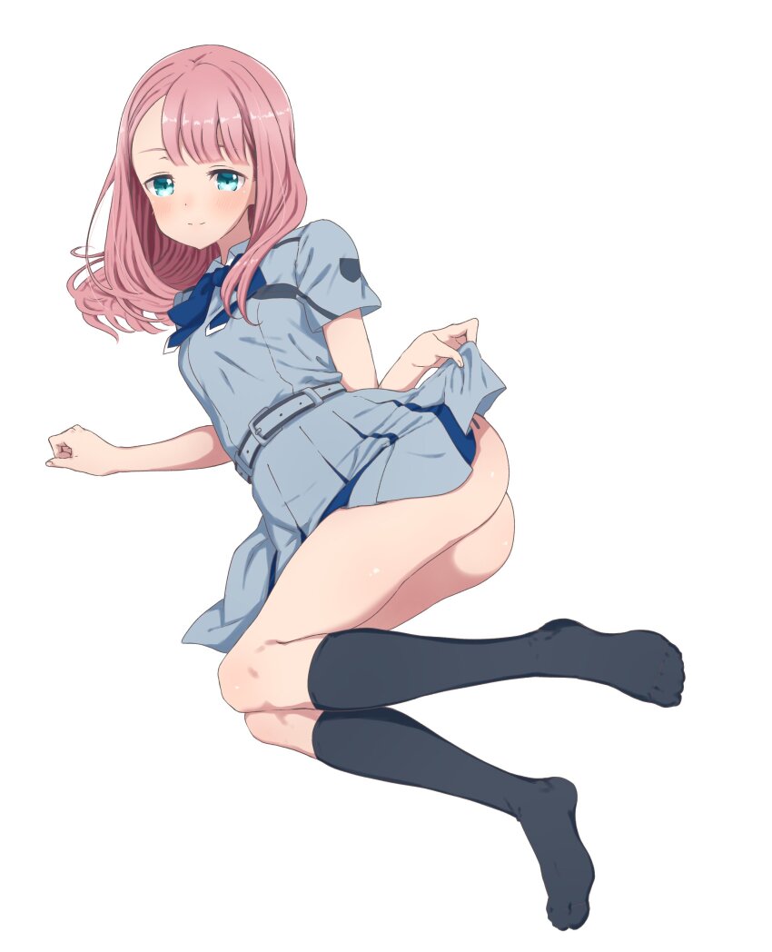 1girl, 22/7, absurdres, ass, asymmetrical_bangs, belt, black_socks, blue_belt