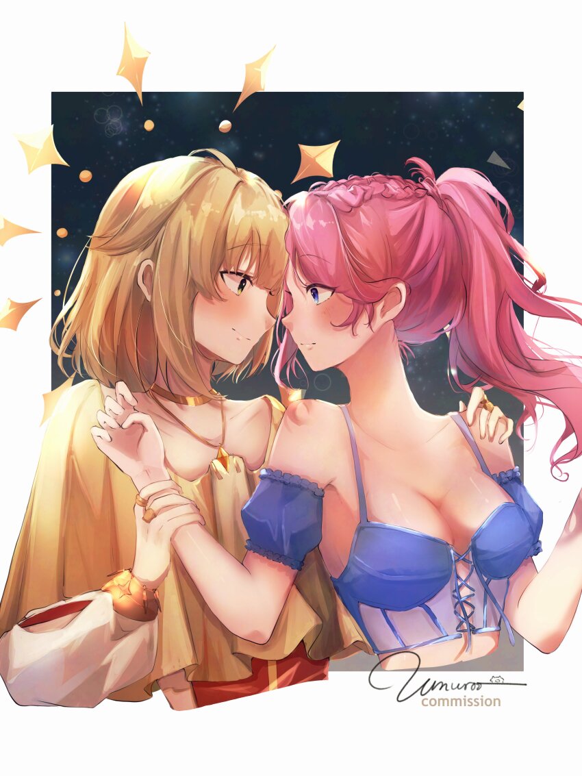 2girls, absurdres, arm_garter, artist_name, bare_shoulders, blonde_hair, blue_background, blue_bra