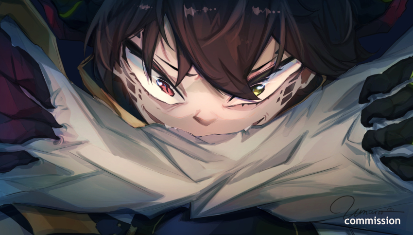 1boy, artist_name, biting, brown_hair, claws, close-up, commentary, commission