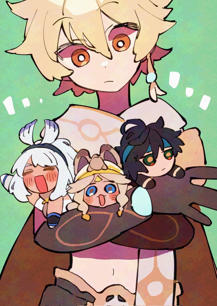 2boys, 2girls, adversarial_noise, aether_(genshin_impact), black_hair, blonde_hair, blue_eyes, blue_hairband