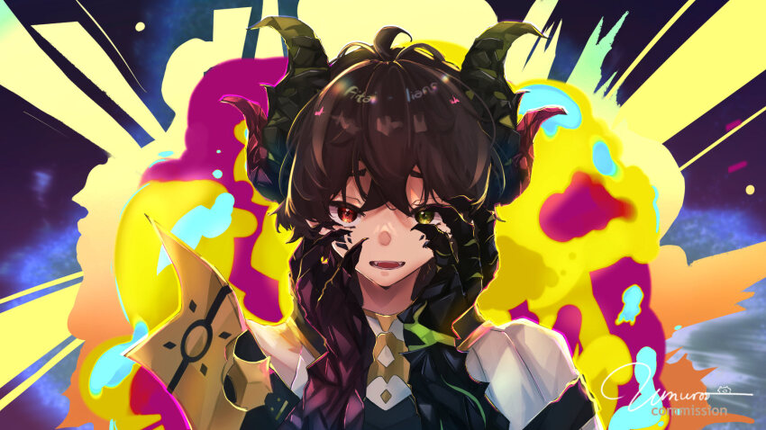 1boy, artist_name, black_horns, brown_hair, claws, commentary, commission, crossed_bangs