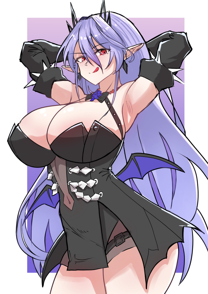 1girl, :q, armpits, arms_up, bat_wings, belt, black_bow, black_bowtie, bow, bowtie, breasts, chest_strap, cleavage, covered_navel, earrings, elvira_(epic_seven), epic_seven, flower, highres, huge_breasts, jewelry, leotard, long_hair, looking_at_viewer, pelvic_curtain, pointy_ears, purple_flower, purple_hair, red_eyes, rein_(rafael_3682), simple_background, solo, spiked_sleeves, spikes, thighs, tongue, tongue_out, wings