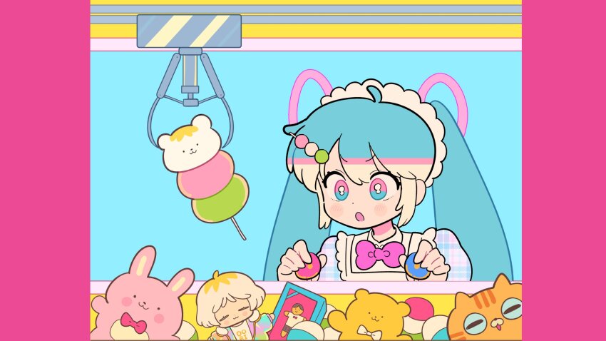 1girl, apron, blonde_hair, blue_dress, blue_eyes, blue_hair, bow, bowtie, crane_game, dango, dolman_(dm), dress, food, hatsune_miku, highres, maid_apron, maid_headdress, mochimochi_(vocaloid), multicolored_eyes, pink_bow, pink_bowtie, pink_eyes, plaid_clothes, plaid_dress, puffy_short_sleeves, puffy_sleeves, sanshoku_dango, short_sleeves, sidelocks, solo, stuffed_animal, stuffed_cat, stuffed_rabbit, stuffed_toy, teddy_bear, twintails, two-tone_eyes, v, vocaloid, wagashi