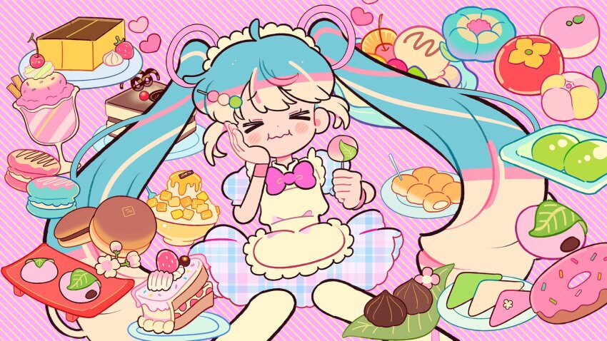 >_<, 1girl, ahoge, apron, blue_dress, blue_eyes, blue_hair, blush, bow, bowtie, cake, castella_(food), cherry, cherry_blossoms, closed_mouth, cup, dolman_(dm), donut, dorayaki, dress, food, food_request, fruit, hatsune_miku, highres, ice_cream, leaf, long_hair, macaron, mandarin_orange, mandarin_orange_slice, matcha_(food), mochi, mochimochi_(vocaloid), namagashi, parfait, pink_bow, pink_bowtie, plaid_clothes, plaid_dress, plate, puffy_short_sleeves, puffy_sleeves, sakura_mochi, short_sleeves, solo, toothpick, twintails, very_long_hair, vocaloid, wagashi, wavy_mouth, whipped_cream, white_apron