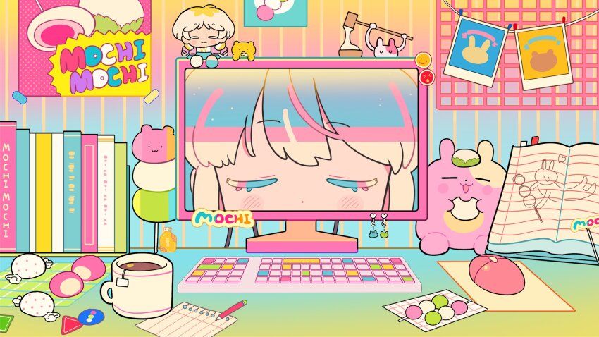 1girl, blue_hair, book, closed_eyes, computer, computer_keyboard, computer_mouse, cup