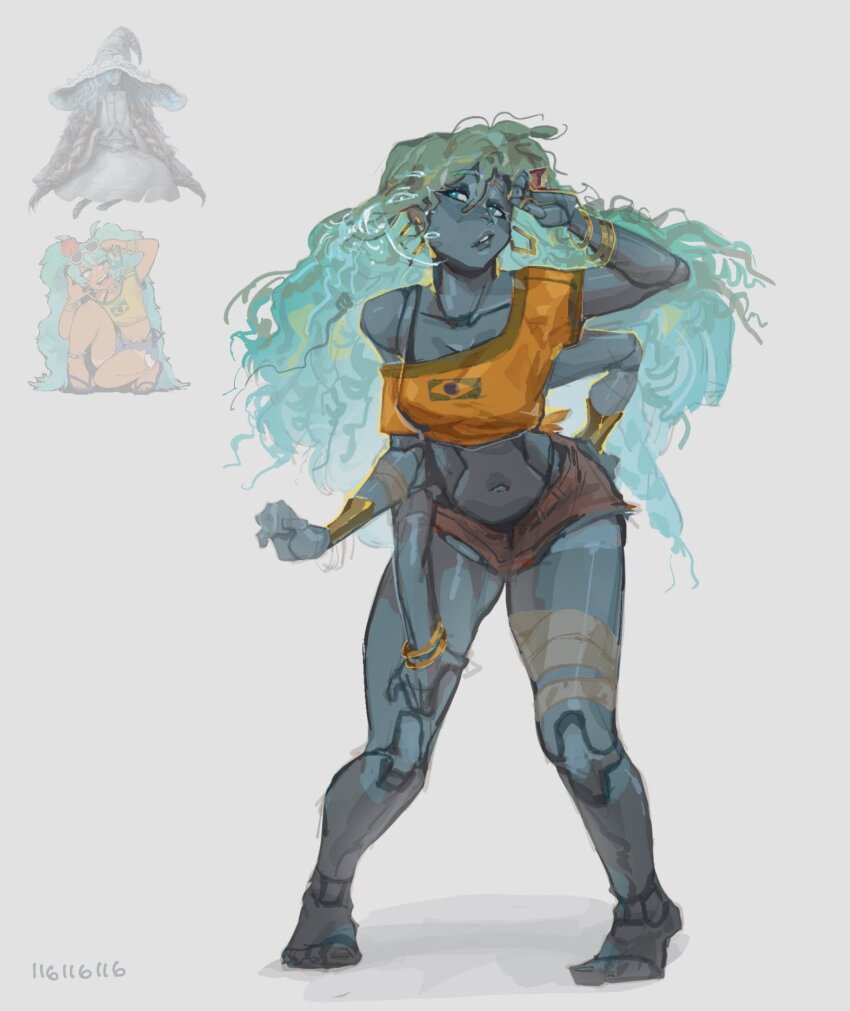 116116116el, 1girl, barefoot, blue_eyes, blue_hair, blue_skin, bracelet, brazilian_flag