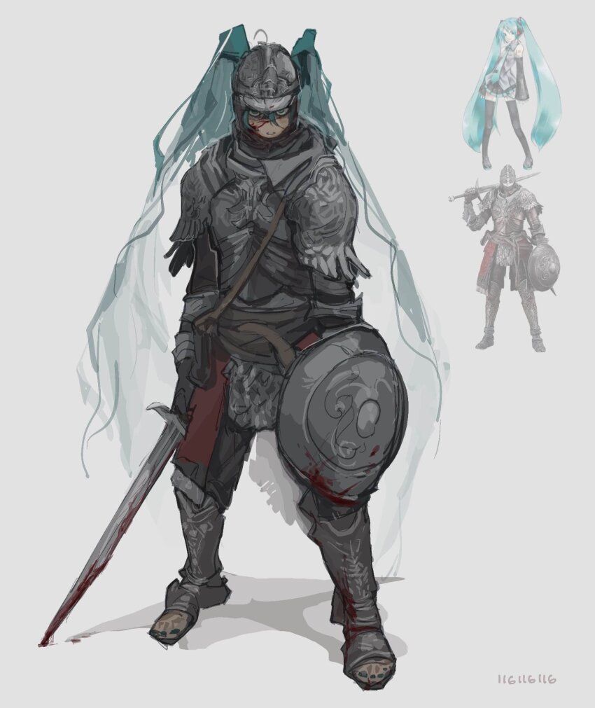 116116116el, angry, armor, blood, blood_on_face, bloody_wolf_(elden_ring), blue_eyes, blue_hair, cosplay, elden_ring, gauntlets, hatsune_miku, highres, holding, holding_sword, holding_weapon, long_hair, red-haired_tarnished_(qiqiqiqi), shield, staring, sword, tarnished_(elden_ring), tarnished_(elden_ring)_(cosplay), vocaloid, weapon, worldwide_miku
