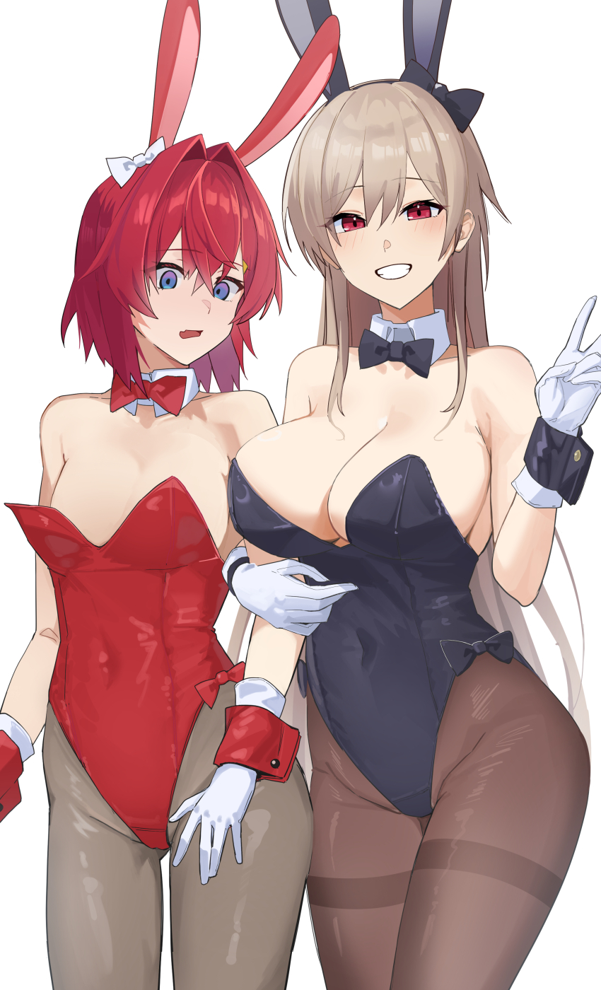 2girls, absurdres, alternate_costume, ange_katrina, animal_ears, bare_shoulders, black_bow, black_leotard, black_wrist_cuffs, blue_eyes, blush, bow, bowtie, breast_envy, breasts, brown_hair, bust_chart, cleavage, collarbone, commentary_request, covered_navel, cowboy_shot, crossed_bangs, detached_collar, flat_chest, furen_e_lustario, gloves, grin, hair_between_eyes, hair_bow, hair_intakes, hair_ornament, hamigaki_(hikaruyusi), highres, large_breasts, leotard, locked_arms, long_bangs, long_hair, looking_at_breasts, looking_at_viewer, matching_outfits, multiple_girls, nijisanji, open_mouth, oversized_breast_cup, pantyhose, playboy_bunny, rabbit_ears, red_bow, red_bowtie, red_eyes, red_hair, red_leotard, red_wrist_cuffs, shiny_clothes, short_hair, simple_background, smile, strapless, strapless_leotard, triangle_hair_ornament, v, very_long_hair, virtual_youtuber, white_background, white_bow, white_gloves, wrist_cuffs