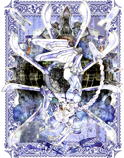 1girl, ahoge, arc_system_works, bad_id, bad_pixiv_id, blazblue, braid, female_focus, long_hair, md5_mismatch, nu-13, red_eyes, secco_(pixiv), sekko_(gerard_no_koibito), silver_hair, solo