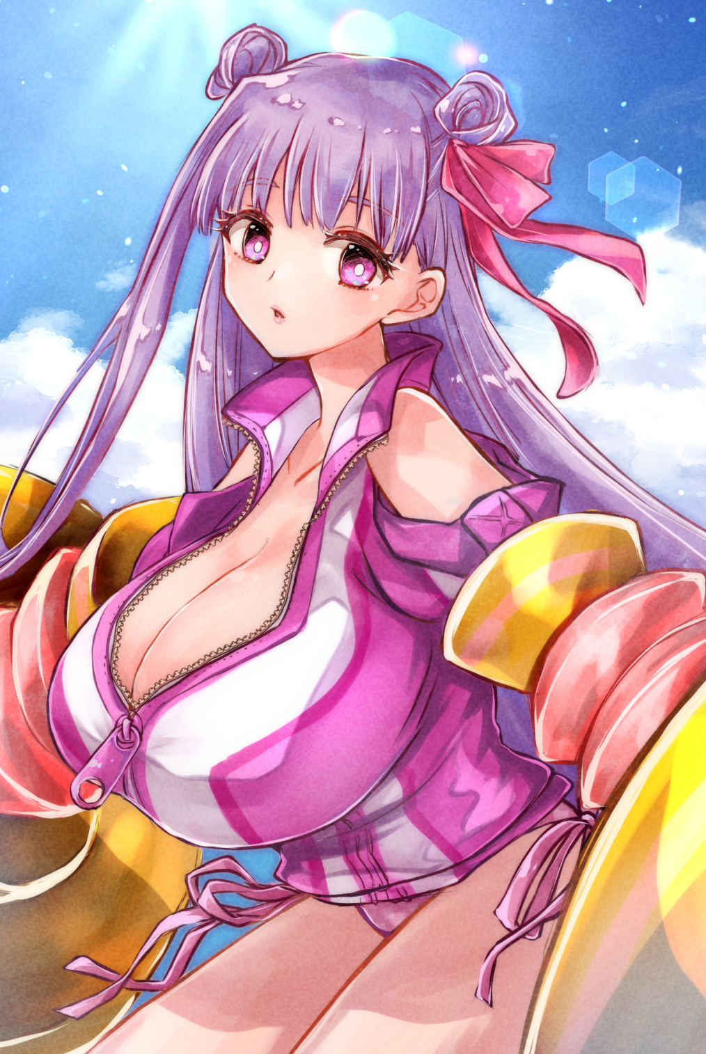 1girl, asaesaya, bare_shoulders, bikini, blue_sky, blush, breasts, claw_(weapon)