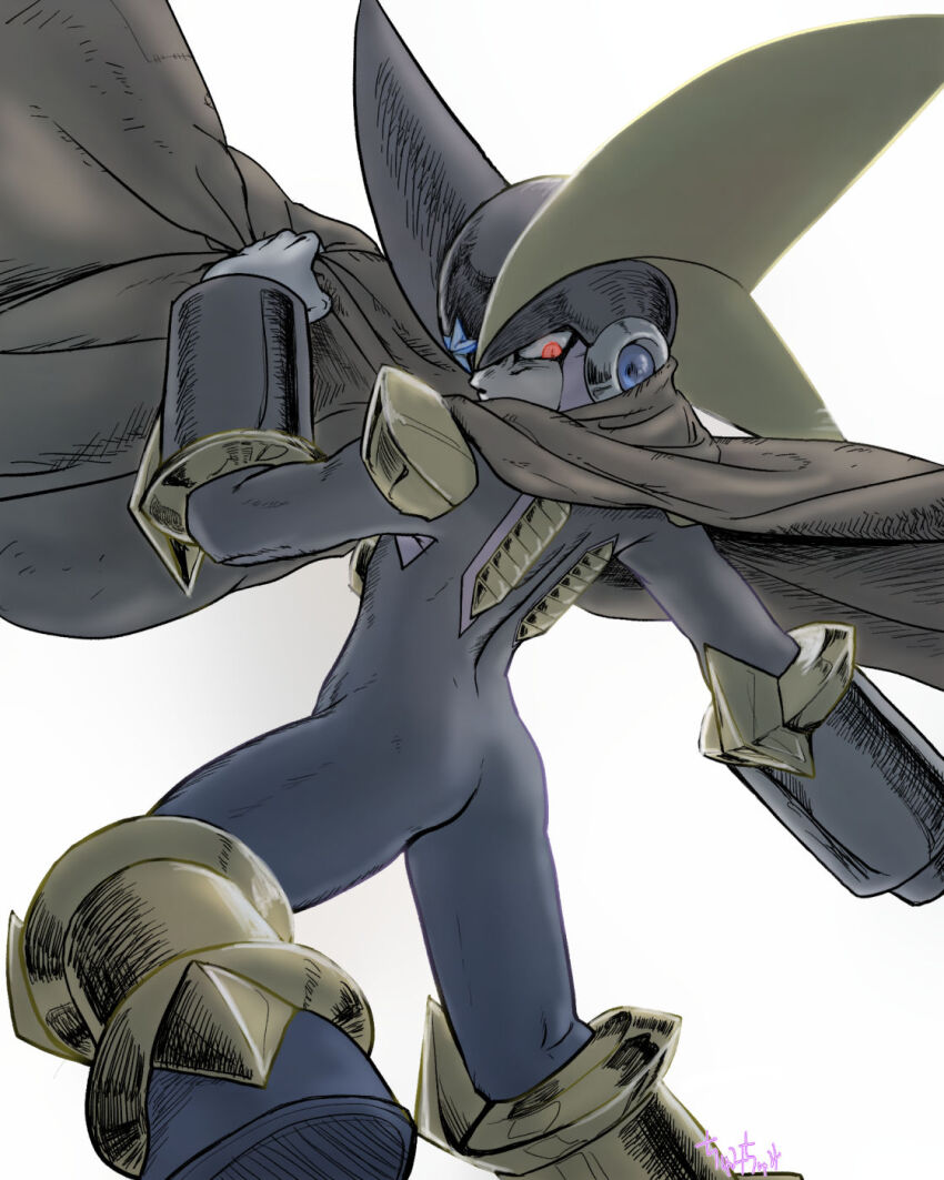 1boy, arm_cannon, ass, bass.exe_(mega_man), black_bodysuit, bodysuit, brown_cloak, cloak, fins, head_fins, highres, male_focus, mega_man_(series), mega_man_battle_network_(series), netnavi, red_eyes, simple_background, solo, tumitumi, weapon, white_background