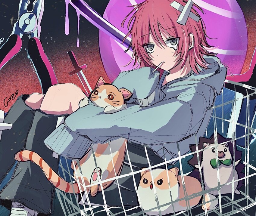 1girl, animal, black_dress, cat, dress, grey_eyes, grey_hoodie, hedgehog