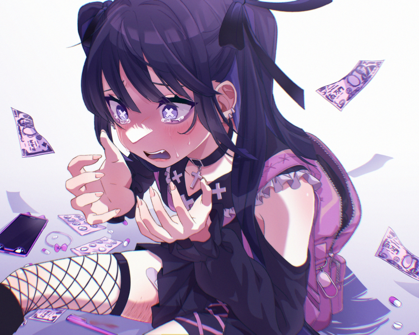 1girl, anda_(tuyu), backpack, bag, bandaid_on_thigh, bare_shoulders, black_hair, blush