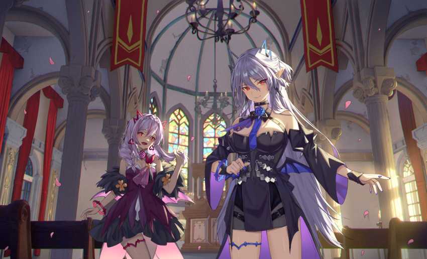 2girls, abigail_(epic_seven), banner, bare_shoulders, bat_wings, bench, black_bow, black_dress