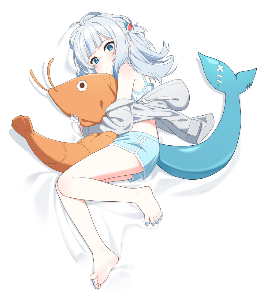 1girl, absurdres, alternate_costume, barefoot, bed_sheet, blue_eyes, blue_nails, blush