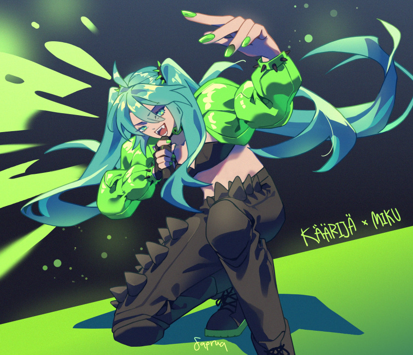 1girl, bra, hatsune_miku, highres, kaarija, microphone, nail_polish, pants