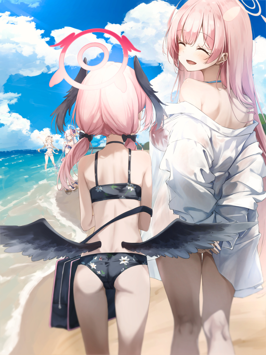 4girls, ass, azusa_(blue_archive), azusa_(swimsuit)_(blue_archive), back, bare_shoulders, beach, bikini