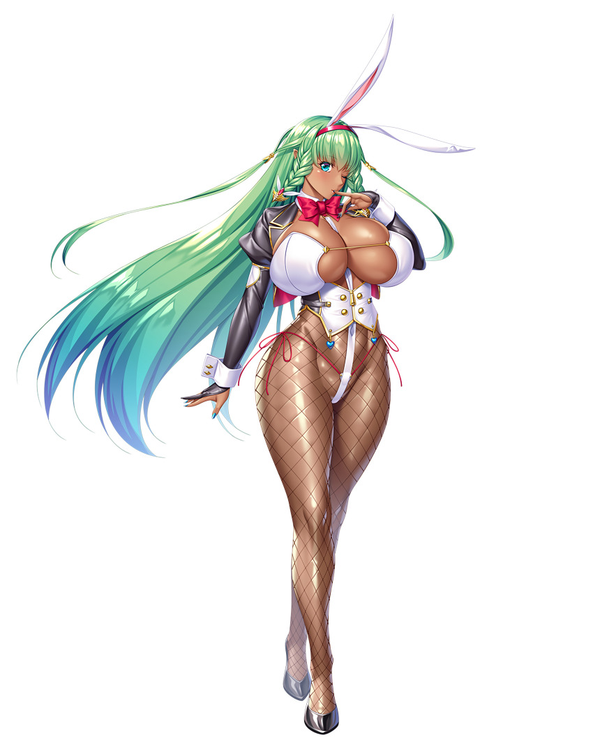 1girl, absurdres, alternate_costume, animal_ears, anna_(taimanin_rpgx), aoi_nagisa_(metalder), between_breasts, blue_eyes