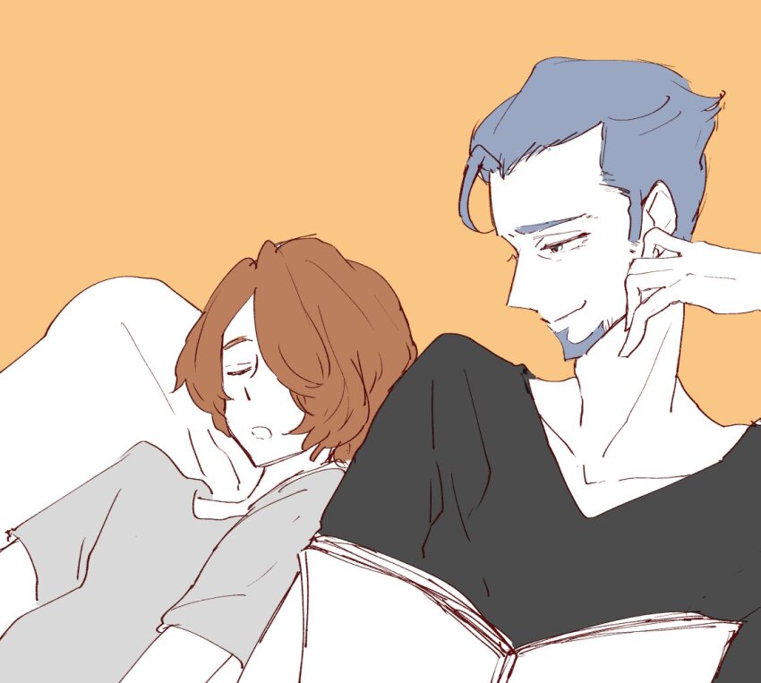 2boys, age_difference, beard, black_shirt, book, brown_hair, carole_&amp;_tuesday, collarbone