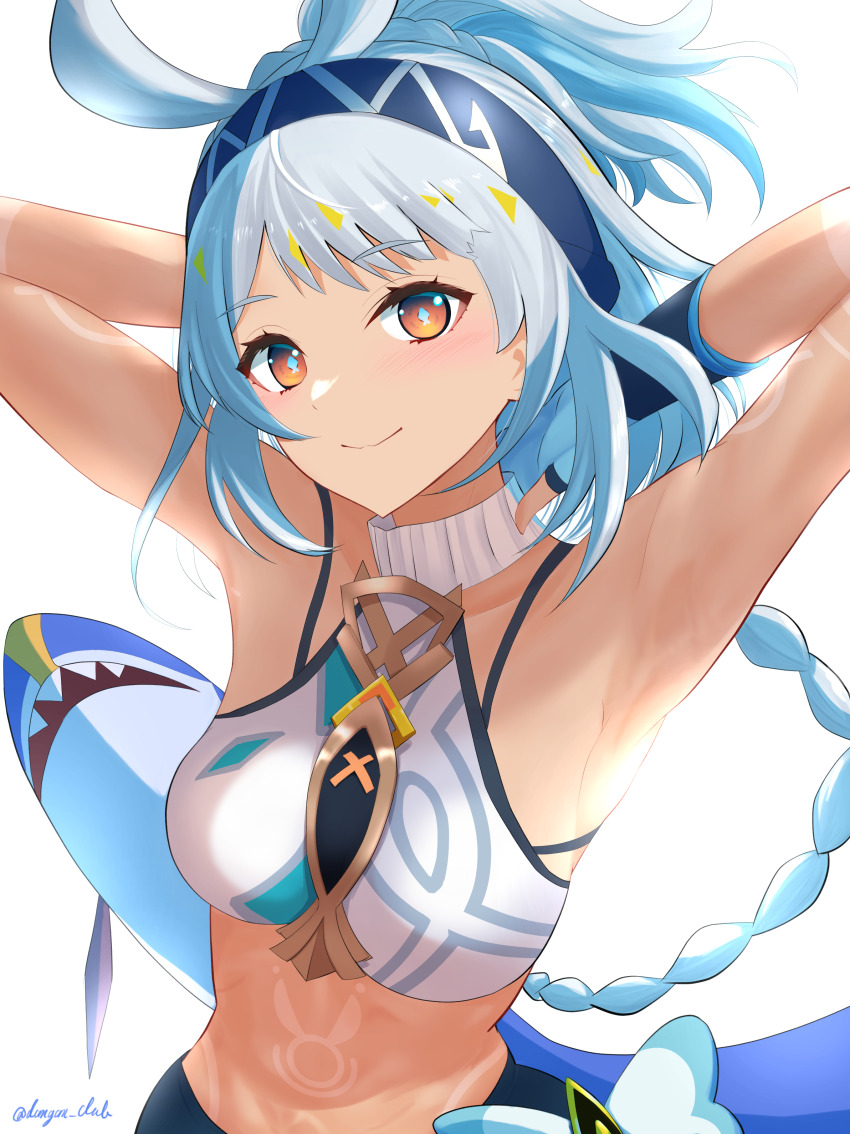 1girl, absurdres, armpits, arms_behind_head, arms_up, blue_hairband, breasts, crop_top, dangan_kurabu, dark_skin, genshin_impact, grey_hair, hairband, highres, long_hair, looking_at_viewer, midriff, mualani_(genshin_impact), no_navel, orange_eyes, small_breasts, smile, solo, stomach, upper_body