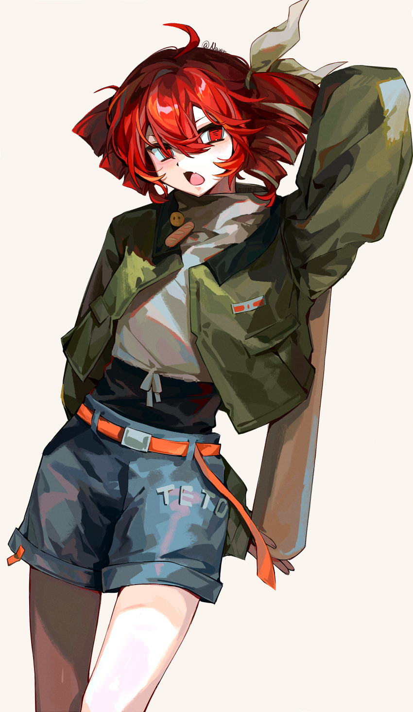 1girl, absurdres, ahoge, alternate_costume, belt, blush, bow, chinese_commentary, commentary_request, cowboy_shot, drill_hair, feiwusheng, green_jacket, hair_bow, hair_ribbon, highres, jacket, kasane_teto, kasane_teto_(sv), long_hair, long_sleeves, looking_at_viewer, open_mouth, red_eyes, red_hair, ribbon, shirt, shorts, simple_background, solo, standing, synthesizer_v, twin_drills, twintails, utau, white_background, white_bow