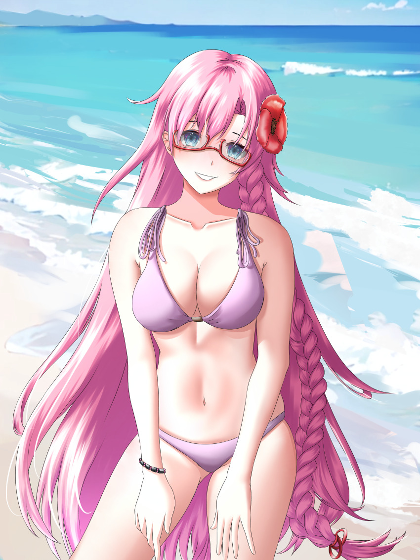 1girl, absurdres, ahomushi994, beach, bikini, blue_eyes, bracelet, braid
