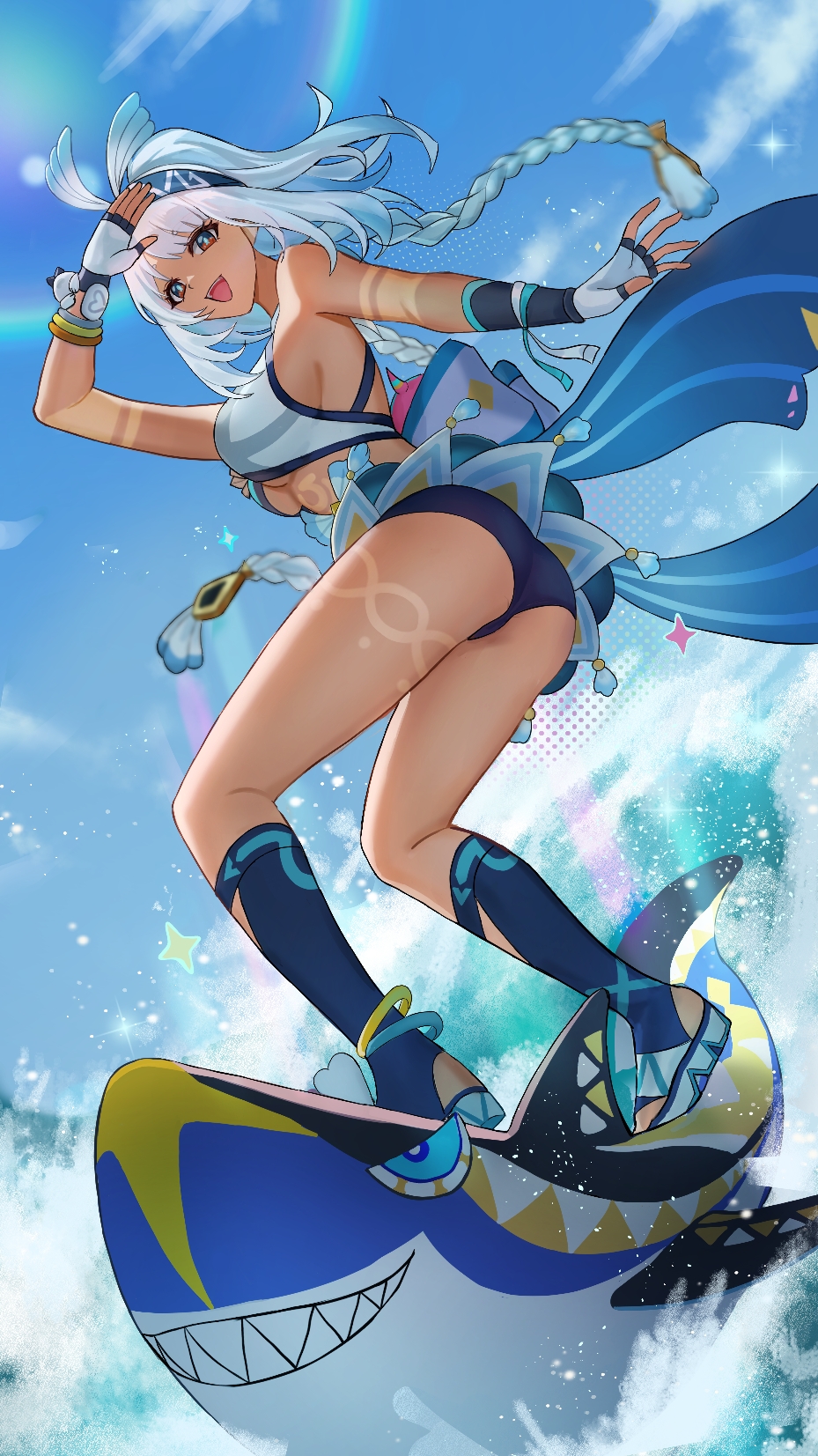 1girl, arm_up, bare_shoulders, blue_footwear, blue_gloves, blue_hairband, blue_panties, braid