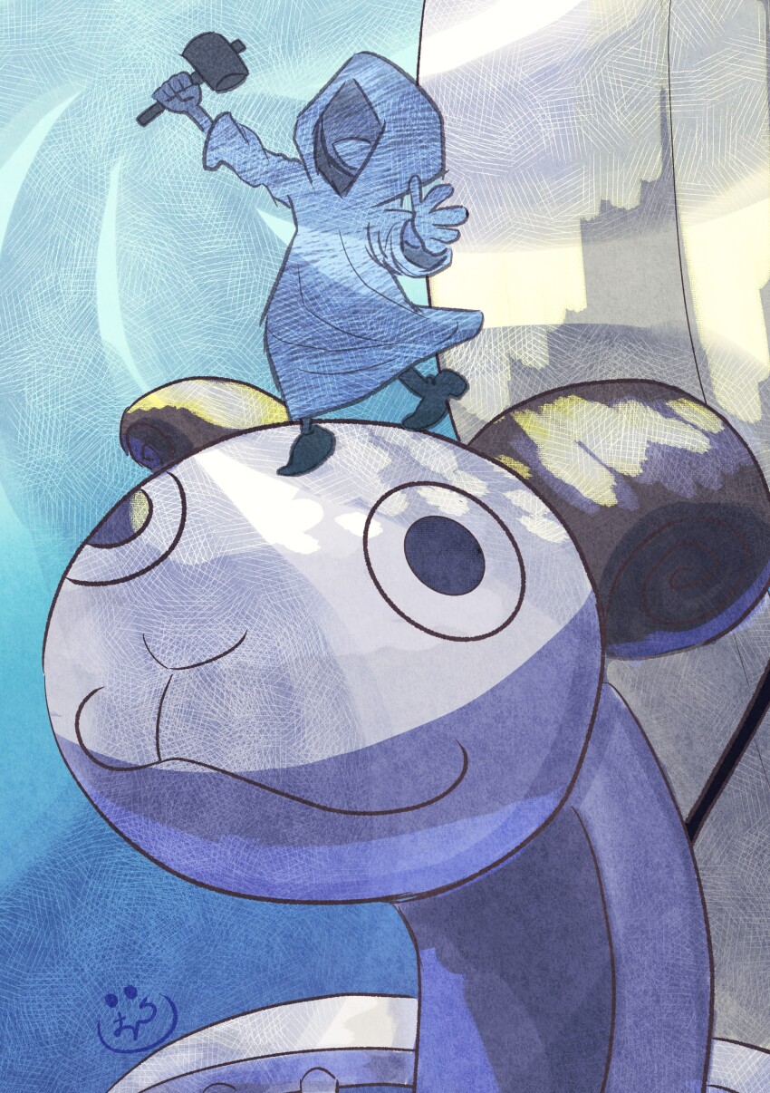 1other, absurdres, blue_background, boat, commentary, faceless, going_merry, hammer