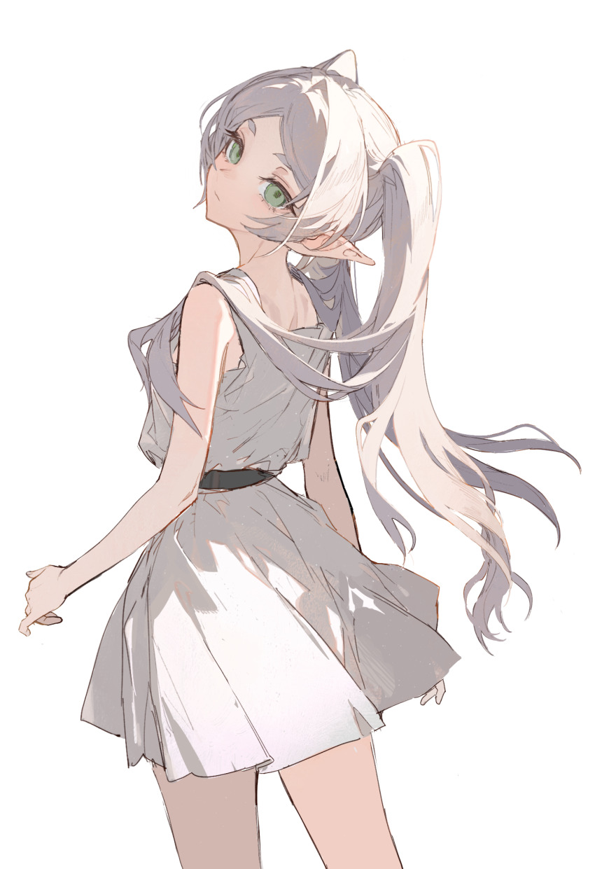 1girl, closed_mouth, commentary_request, cowboy_shot, dress, elf, expressionless, frieren