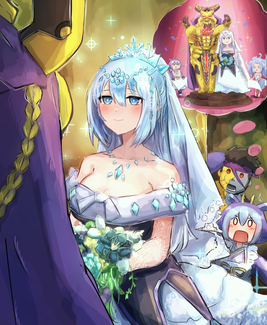 2boys, 2girls, black_dress, blue_eyes, blue_hair, bridal_veil, bride, dress, duel_monster, eldlich_the_golden_lord, flower, hatano_kiyoshi, highres, huaquero_of_the_golden_land, laundry_dragonmaid, light_blue_hair, looking_at_another, misunderstanding, multiple_boys, multiple_girls, peeking_out, rikka_princess, surprised, teardrop_the_rikka_queen, thinking, tiara, veil, wedding, wedding_dress, yu-gi-oh!