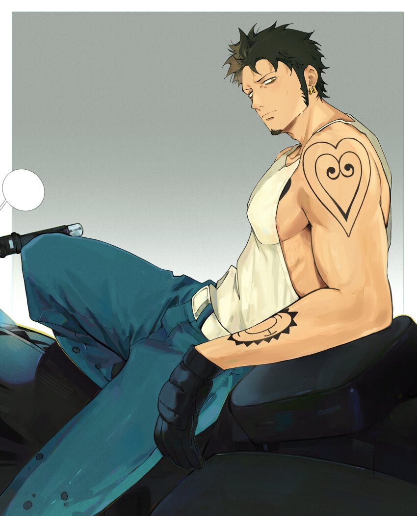 1boy, absurdres, arm_tattoo, bara, black_hair, cowboy_shot, facial_hair, from_side