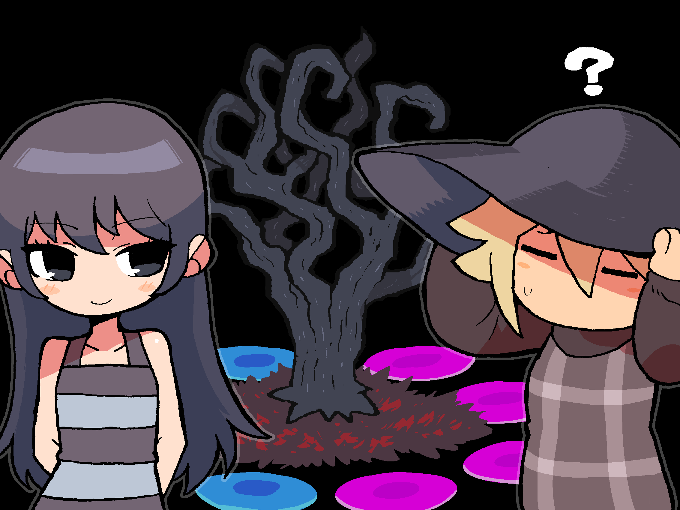 2girls, ?, arms_behind_back, bare_shoulders, bare_tree, black_background, black_eyes, black_hair