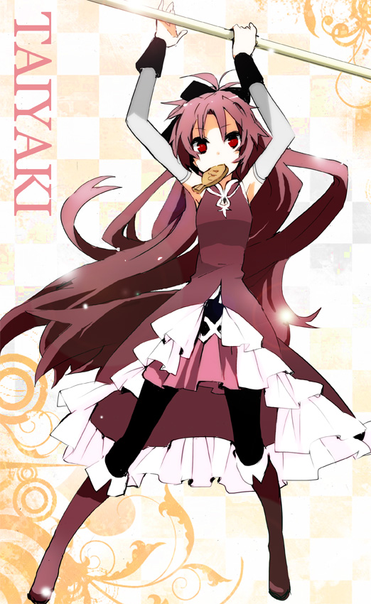 10s, 1girl, arm_warmers, bow, female_focus, food, grey_arm_warmers, hair_bow, long_hair, magical_girl, mahou_shoujo_madoka_magica, mahou_shoujo_madoka_magica_(anime), ponytail, red_eyes, red_hair, sakura_kyoko, sakura_kyoko_(magical_girl), skirt, solo, taiyaki, thighhighs, urotamu, wagashi