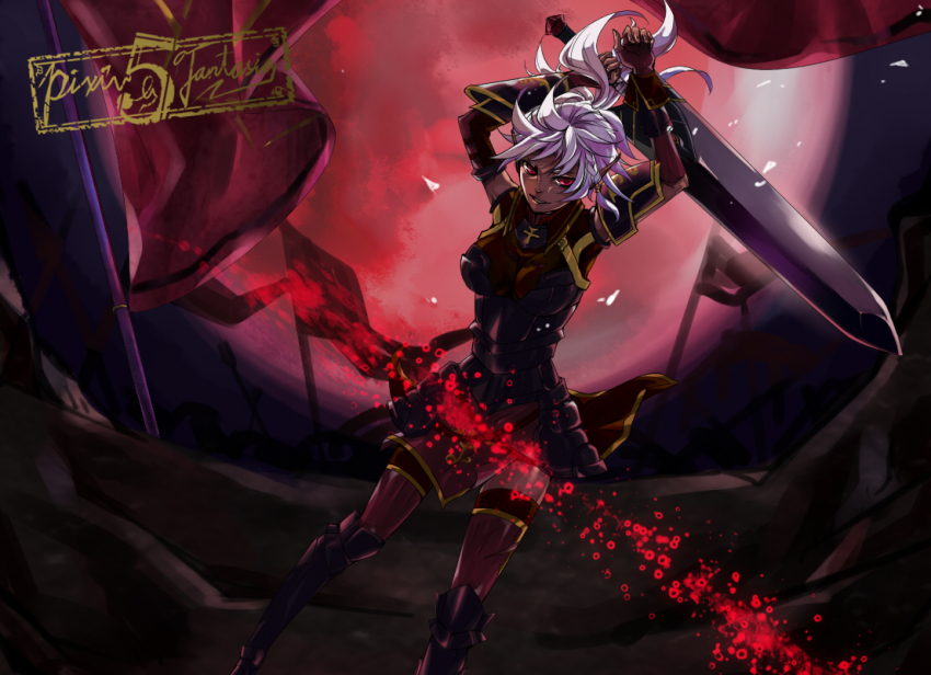 1girl, armor, arms_up, elf, female_focus, full_moon, irisssy, moon