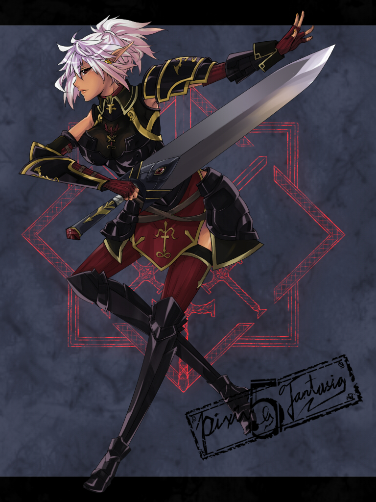 1girl, armor, dark-skinned_female, dark_elf, dark_skin, elf, female_focus, fingerless_gloves, gloves, irisssy, letterboxed, pixiv_fantasia, pixiv_fantasia_5, pointy_ears, purple_hair, red_eyes, solo, sword, thighhighs, weapon, white_hair