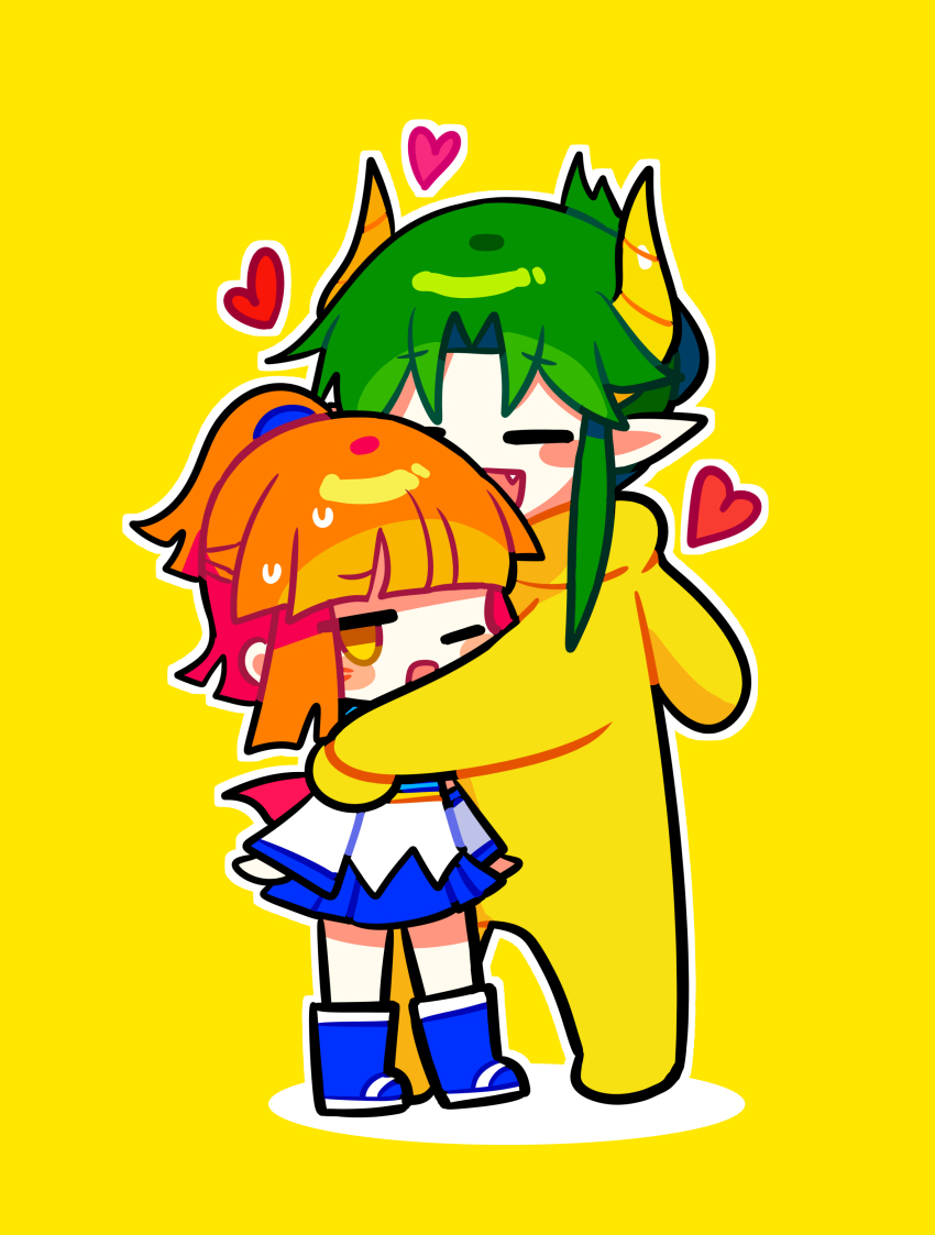 1boy, 1girl, :d, ;o, =_=, absurdres, arle_nadja, arms_at_sides, averting_eyes, blue_footwear, blue_scrunchie, blue_skirt, blunt_bangs, blunt_ends, chibi, chibi_only, closed_eyes, curtained_hair, fanged_bangs, folded_ponytail, food-themed_hair_ornament, full_body, furrowed_brow, hair_ornament, happy_aura, heart, height_difference, hetero, highres, horns, hug, long_sidelocks, long_sleeves, middle_part, no_fingers, no_nose, offbeat, one_eye_closed, onesie, open_mouth, orange_hair_ornament, outline, pale_skin, pointy_ears, ponytail, puyopuyo, satan_(puyopuyo), scrunchie, shirt, short_eyebrows, sidelocks, simple_background, skirt, smile, standing, sweatdrop, white_outline, white_shirt, yellow_background, yellow_eyes, yellow_horns, yellow_satan_(puyopuyo)