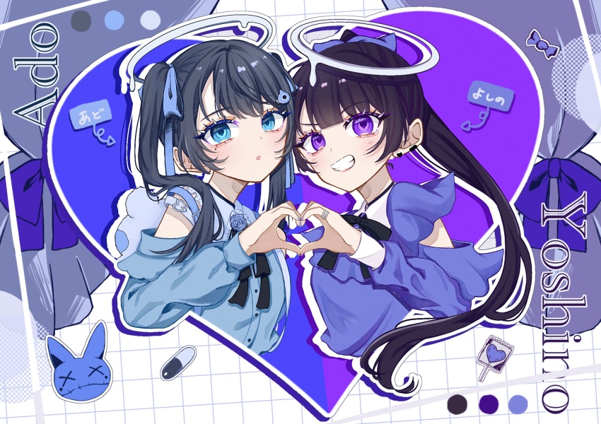 2girls, ado_(utaite), blue_eyes, blue_flower, blue_hair, blue_nails, blue_ribbon, blue_rose